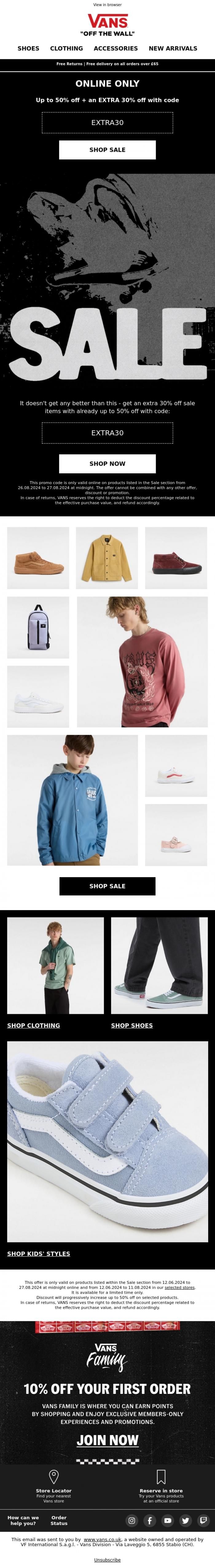 Email Design Inspiration from Vans Promotions, EXTRA 30% off SALE, with already up to 50% off