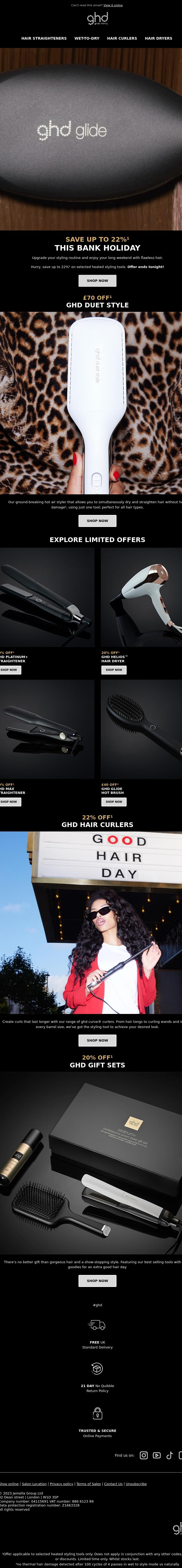 Email Design Inspiration from ghd, Last Chance! Save Up to 22% This Bank Holiday ⏱