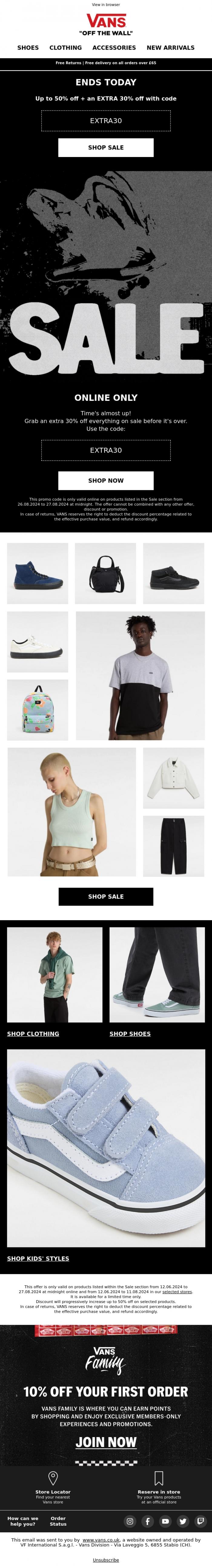 Email Design Inspiration from Vans Promotions, LAST CALL: extra 30% off SALE ⏰