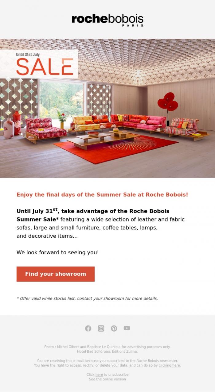 Email Design Inspiration from Roche Bobois, Only a few days left to take advantage of the Summer Sale!
