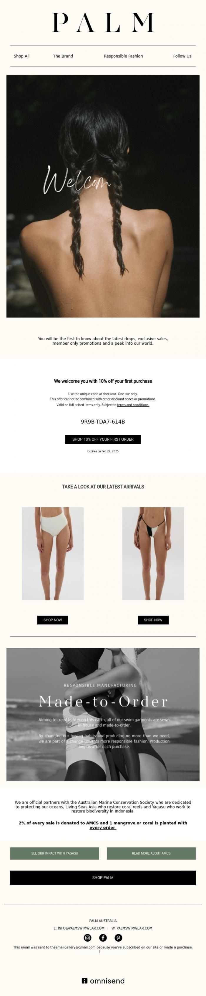 Email Design Inspiration from PALM Swimwear, Welcome to PALM. We are excited to have you!