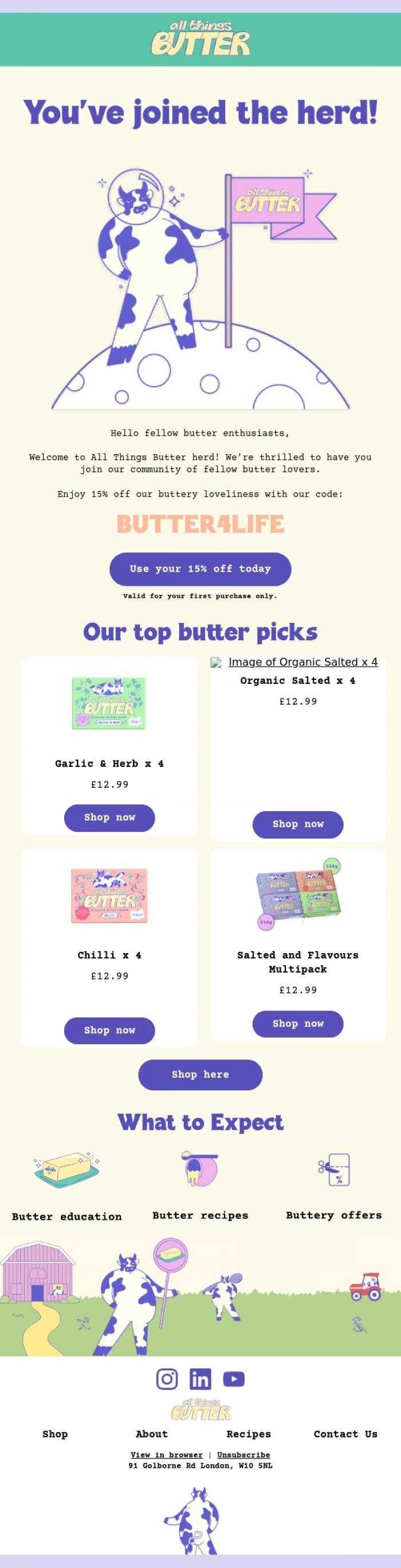 Email Design Inspiration from All Things Butter, You've joined the herd! 🐮