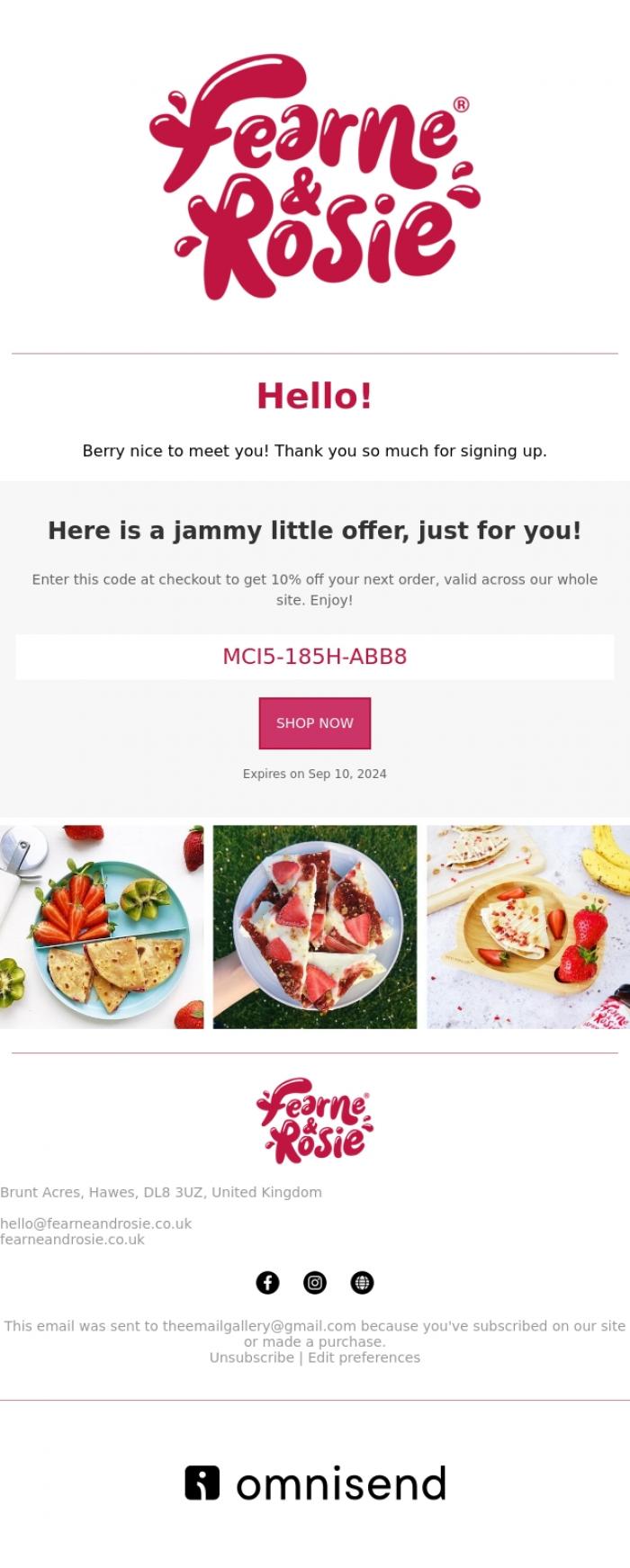 Email Design Inspiration from Fearne & Rosie, Thank you berry much for signing up