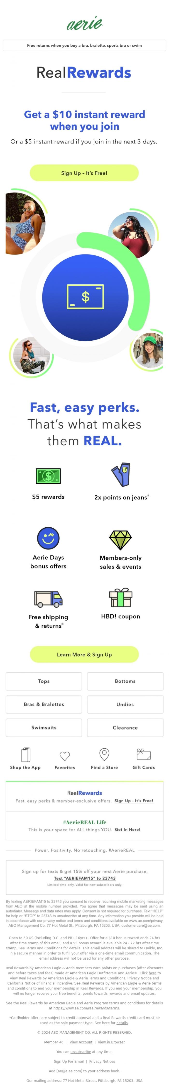 Email Design Inspiration from Aerie, 24 hours only! Get $10 off when you sign up for Real Rewards