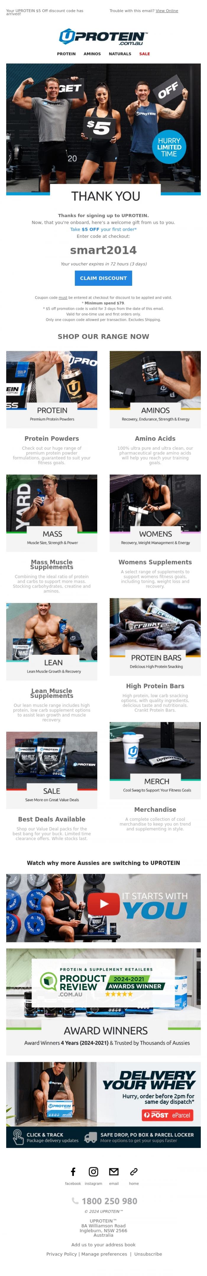 Email Design Inspiration from UPROTEIN&trade;, Welcome to UPROTEIN&trade;. Here is Your $5 off Discount ✋