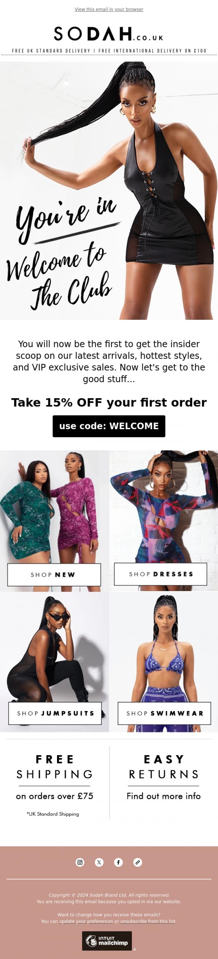 Email Design Inspiration from Sodah The Label, You're in! Enjoy 15% off your first order