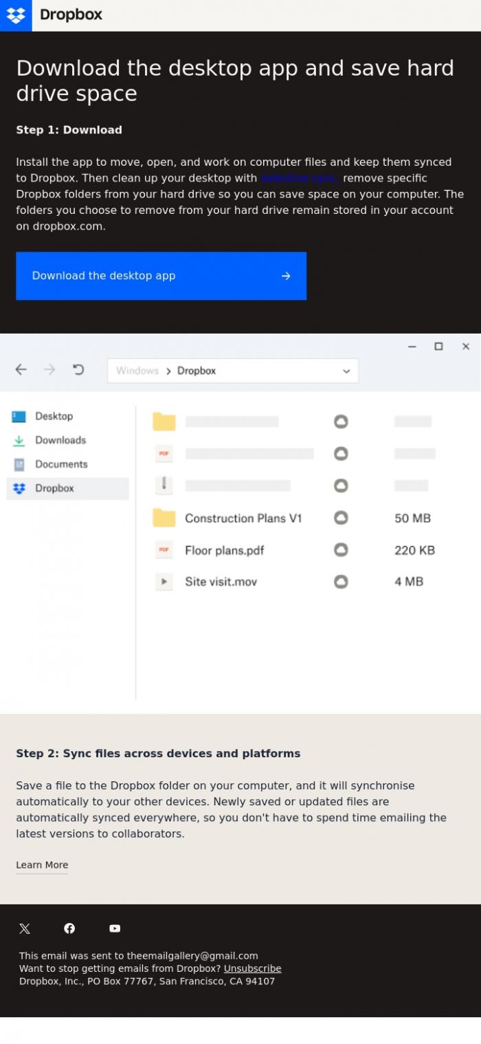 Email Design Inspiration from Dropbox, (4/9) Save hard drive space with selective sync