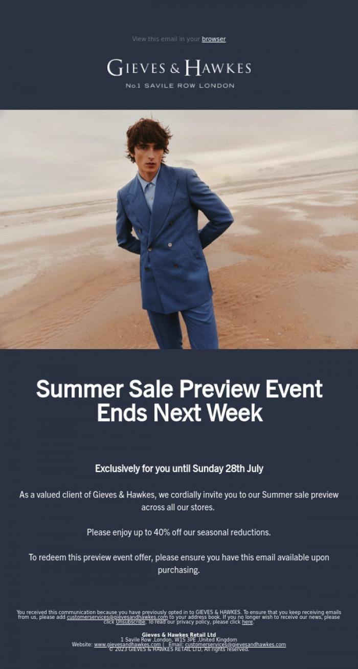 Email Design Inspiration from Gieves & Hawkes, Summer Sale Preview Event Ends Next Week