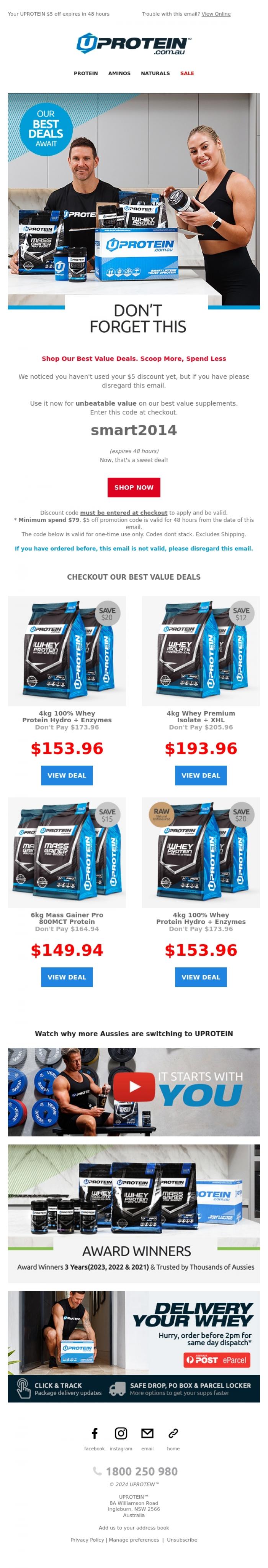 Email Design Inspiration from UPROTEIN&trade;, Hi John  Doe, Your $5 Off Coupon is Expiring