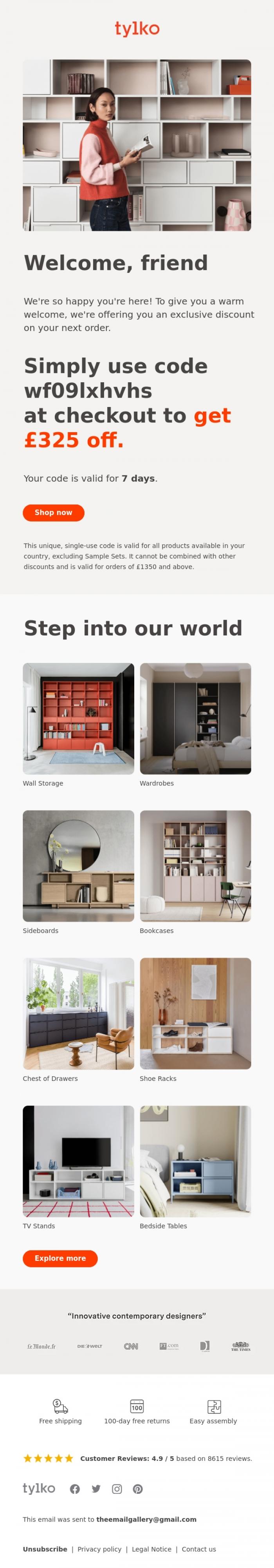 Email Design Inspiration from Tylko, Welcome! Here's a gift.