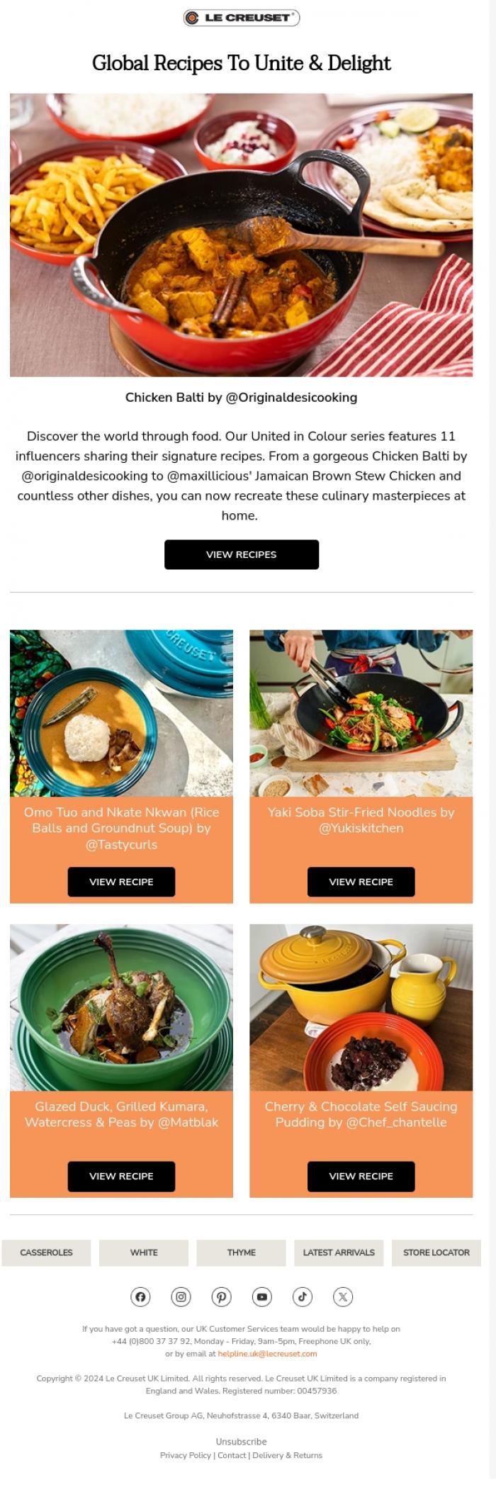 Email Design Inspiration from Le Creuset, United in Colour: Signature Recipes