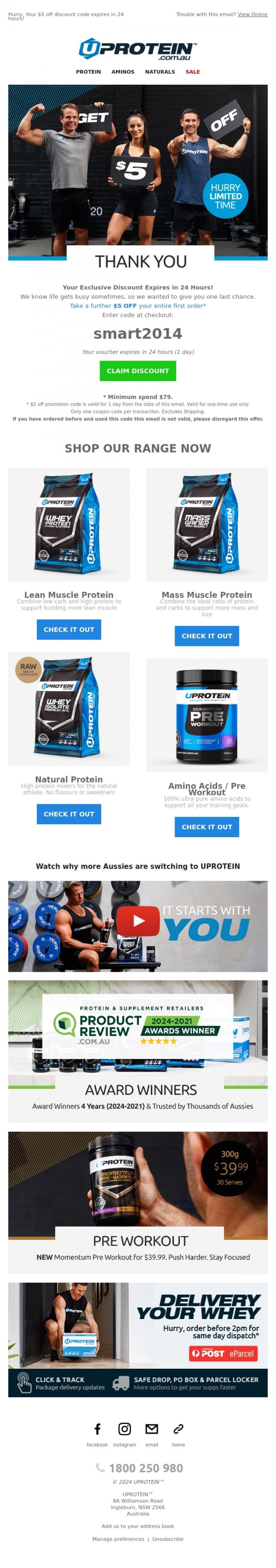 Email Design Inspiration from UPROTEIN&trade;, ⏰ LAST CHANCE! Your $5 off Discount Ends in 24 Hours!