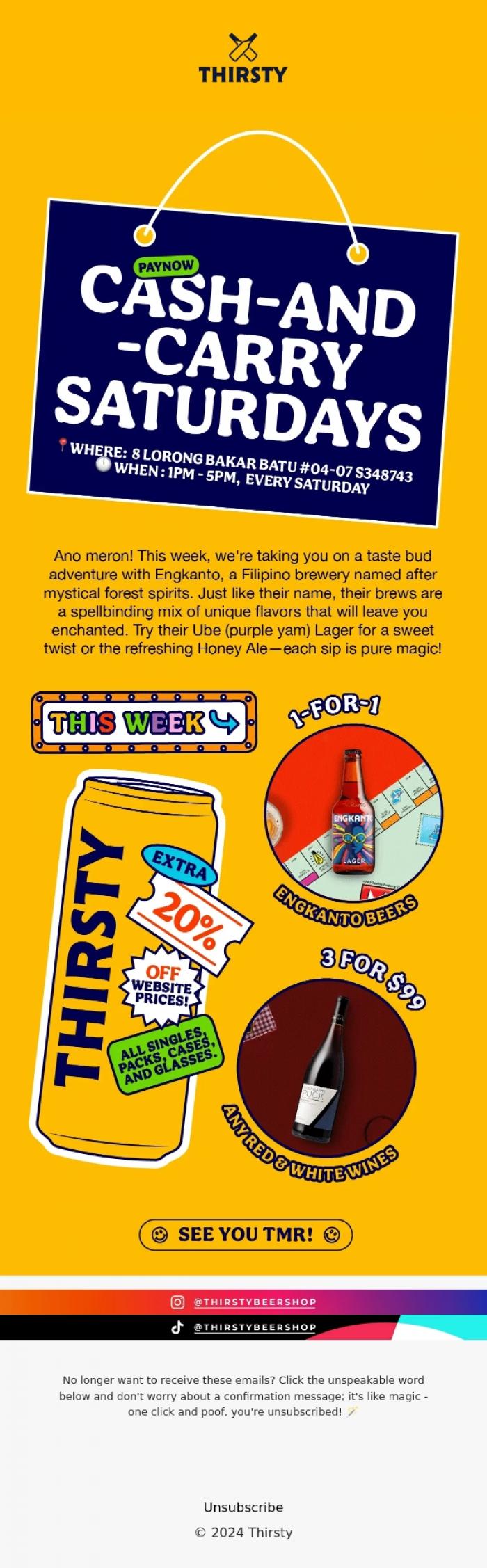 Email Design Inspiration from Thirsty, Cash & Carry Saturdays: Did Someone Say Purple Yam Beer?