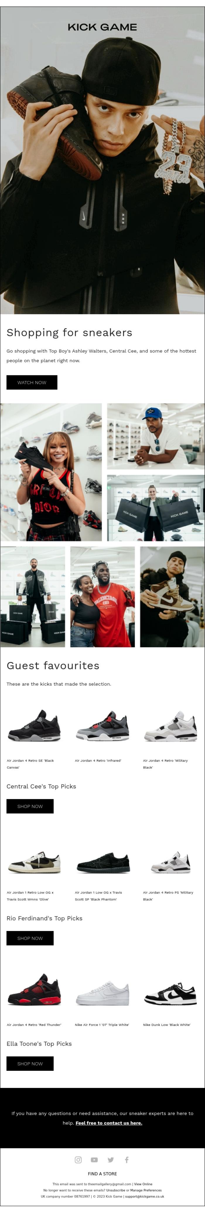 Email Design Inspiration from Kick Game, Shopping for sneakers with Central Cee...