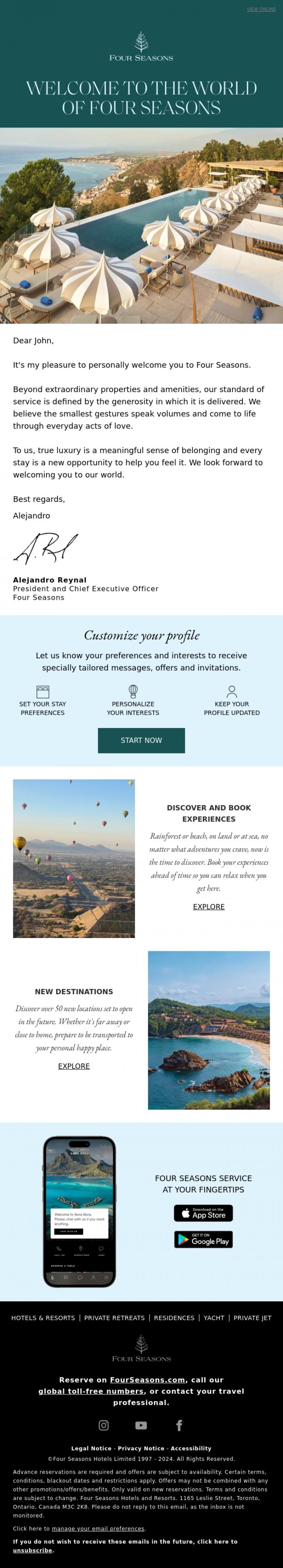 Email Design Inspiration from Four Seasons, John, we're thrilled to have you with us