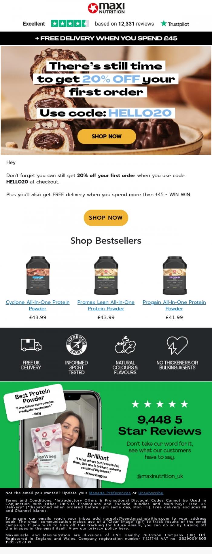 Email Design Inspiration from MaxiNutrition, Don't Forget your 20% Off Voucher