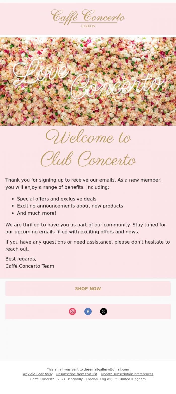 Email Design Inspiration from Caffe Concerto, Welcome to Club Concerto&nbsp;🌷