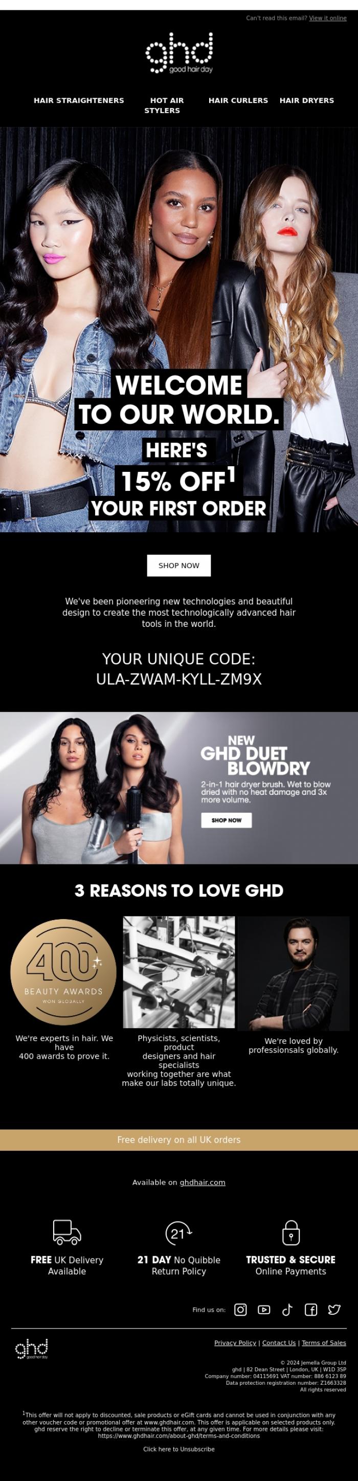 Email Design Inspiration from ghd, Welcome to ghd 🖤
