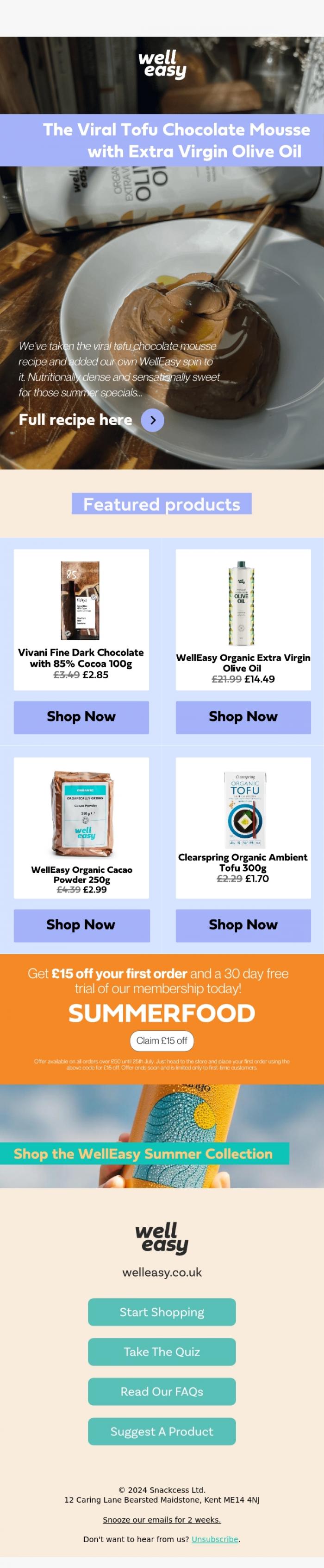 Email Design Inspiration from WellEasy, Viral Recipe: Tofu Chocolate Mousse with EVOO 🍫