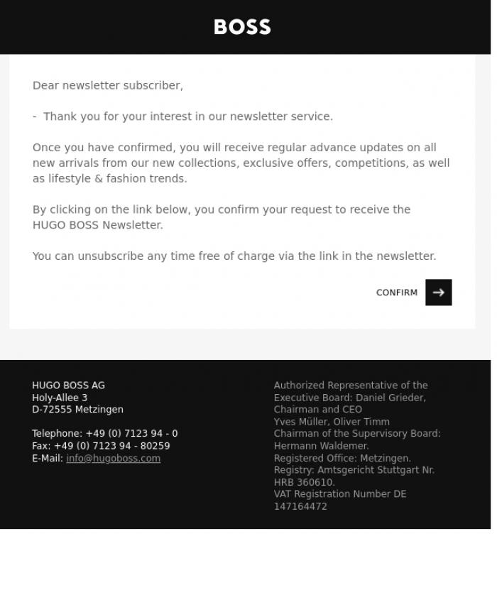 Email Design Inspiration from HUGO BOSS News, Newsletter registration - please confirm your subscription!