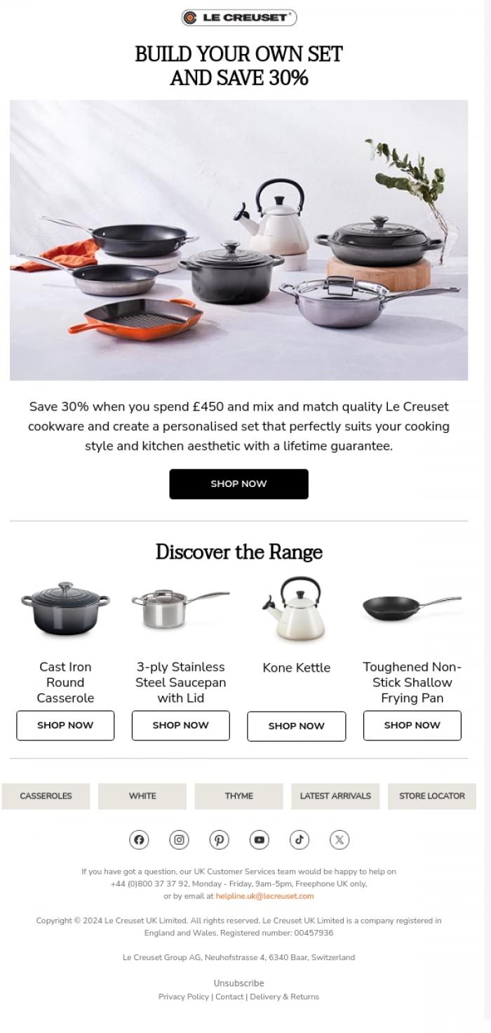 Email Design Inspiration from Le Creuset, Build Your Own Set and Save 30%
