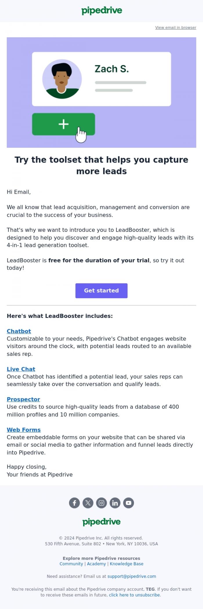 Email Design Inspiration from Pipedrive, Capture more leads with LeadBooster