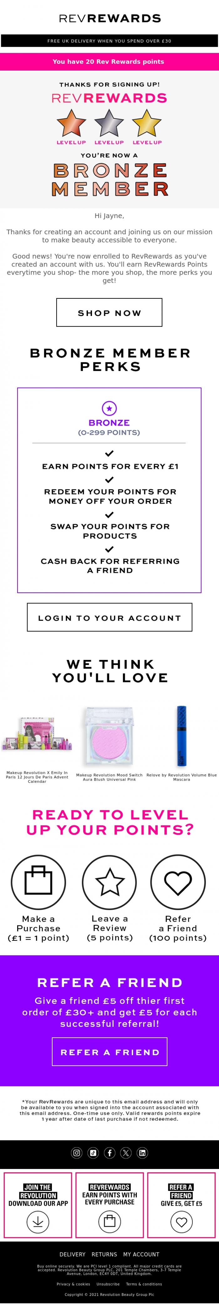 Email Design Inspiration from RevRewards, Thanks for signing up, Jayne! ⭐