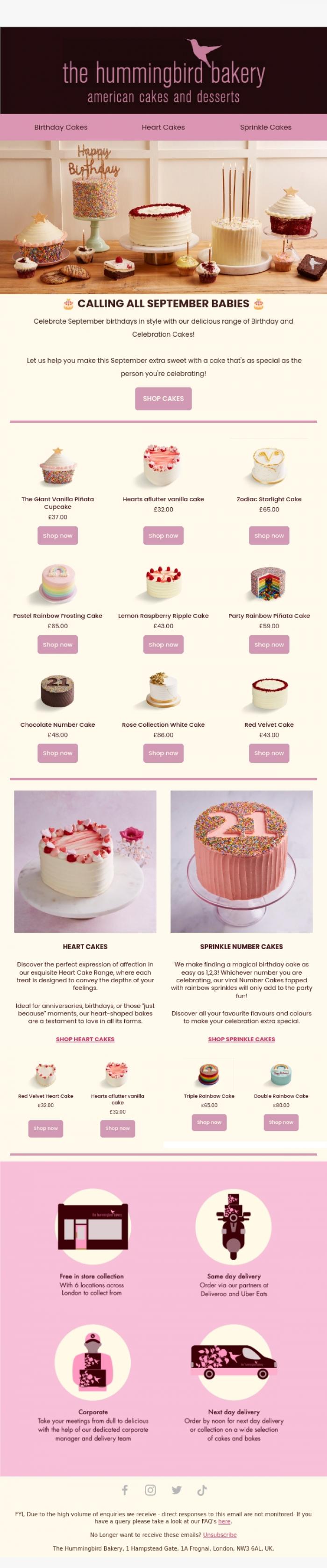 Email Design Inspiration from The Hummingbird Bakery, September babies, we hear you're popular 👀