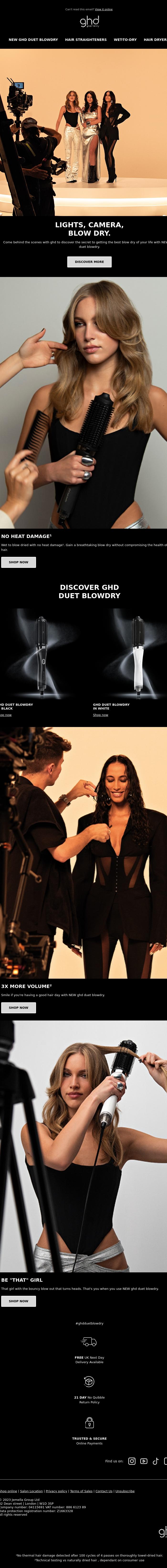Email Design Inspiration from ghd, Lights. Camera. BLOW DRY 📸