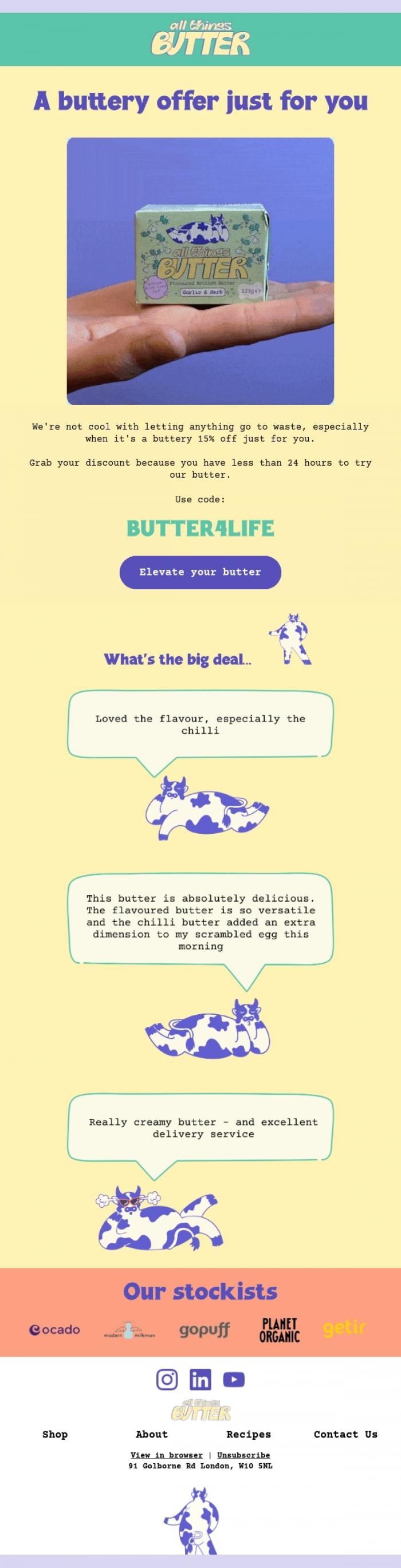 Email Design Inspiration from All Things Butter, A buttery offer just for you 🧈