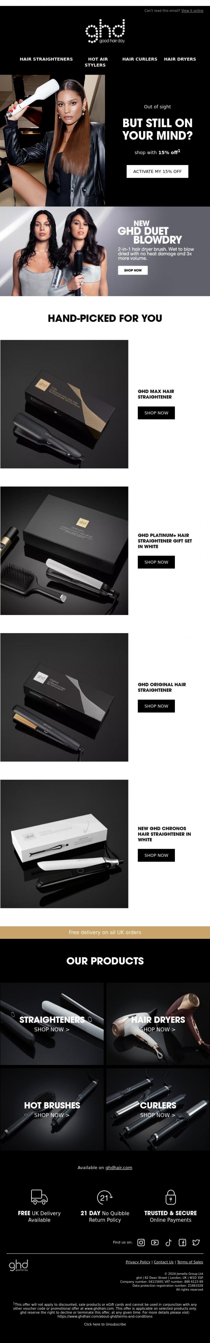Email Design Inspiration from ghd, Your 15% off is waiting