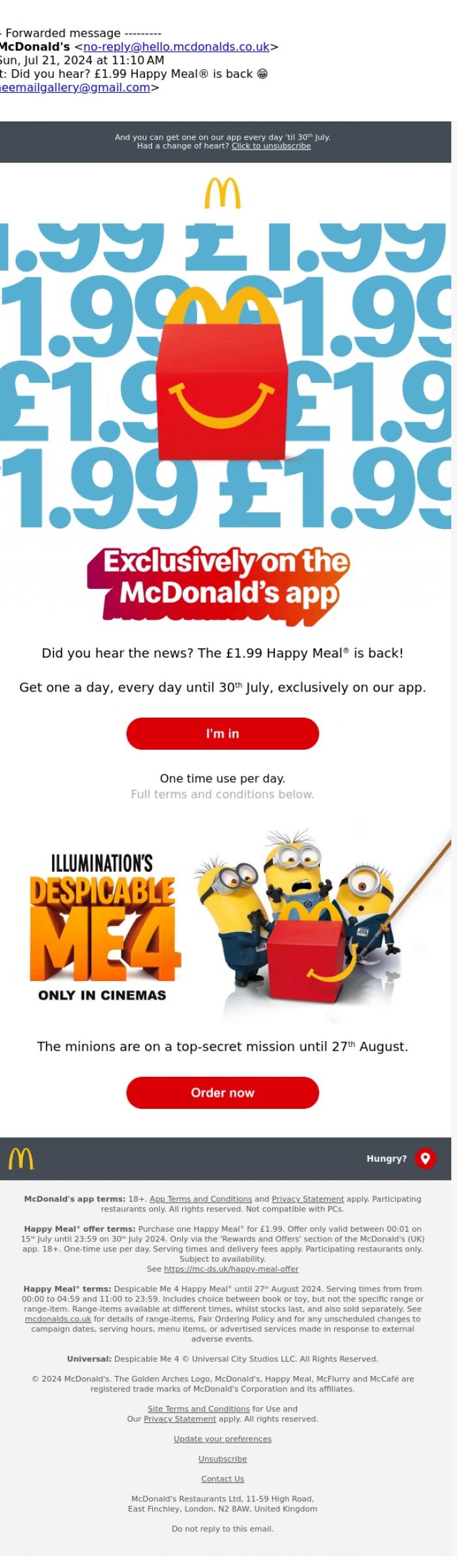 Email Design Inspiration from Vasim, Fwd: Did you hear? &pound;1.99 Happy Meal&reg; is back 😁