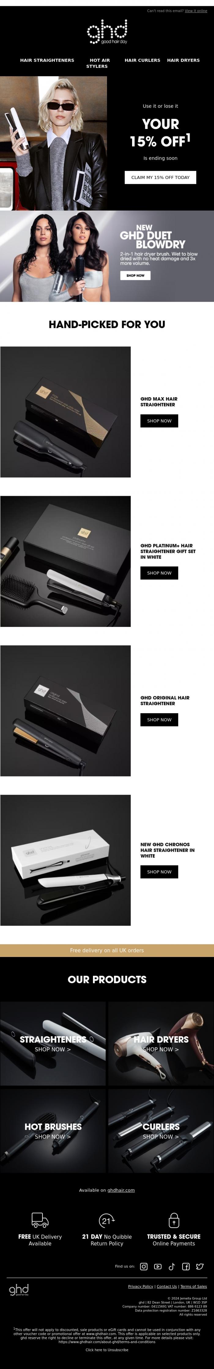 Email Design Inspiration from ghd, Don't Miss: 15% Off