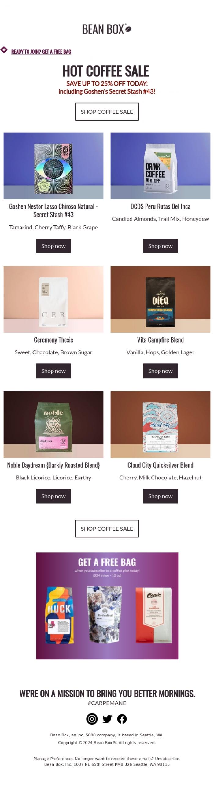 Email Design Inspiration from Ryan (Bean Box), 🔥☕ Hot Coffees Sale: 20% OFF Goshen Secret Stash