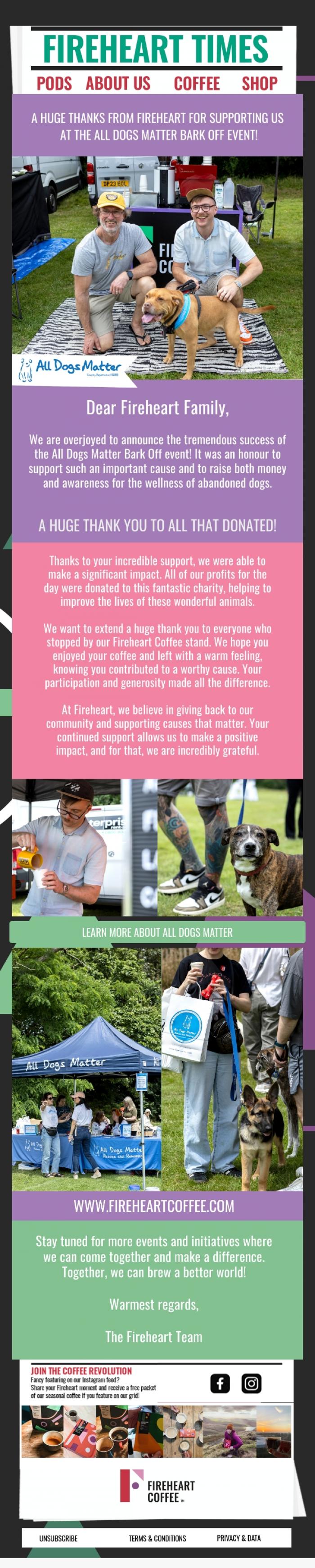 Email Design Inspiration from Fireheart Coffee, The All Dogs Matter Bark Off event was a paw-tastic turn out! 🐶