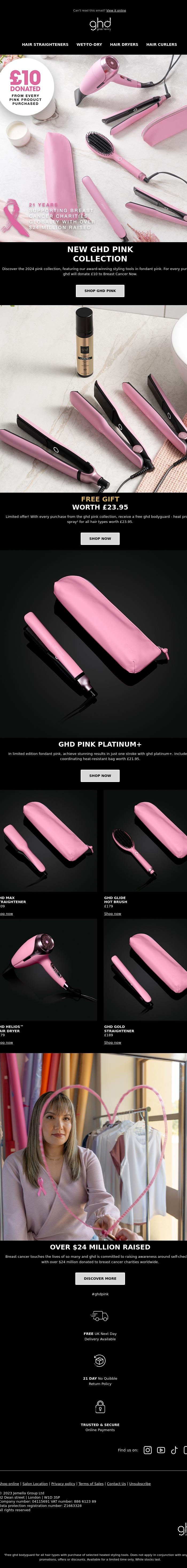 Email Design Inspiration from ghd, Free Gift + &pound;10 Charity Donation on Us 🩰
