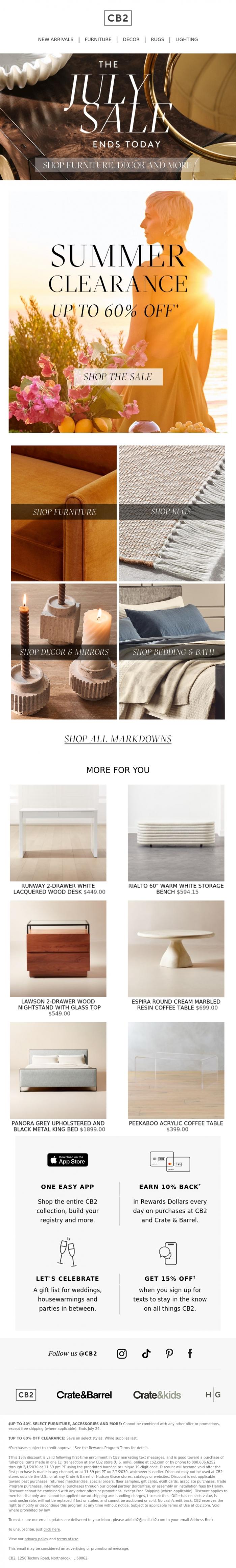 Email Design Inspiration from CB2, THIS WAY FOR SUMMER CLEARANCE