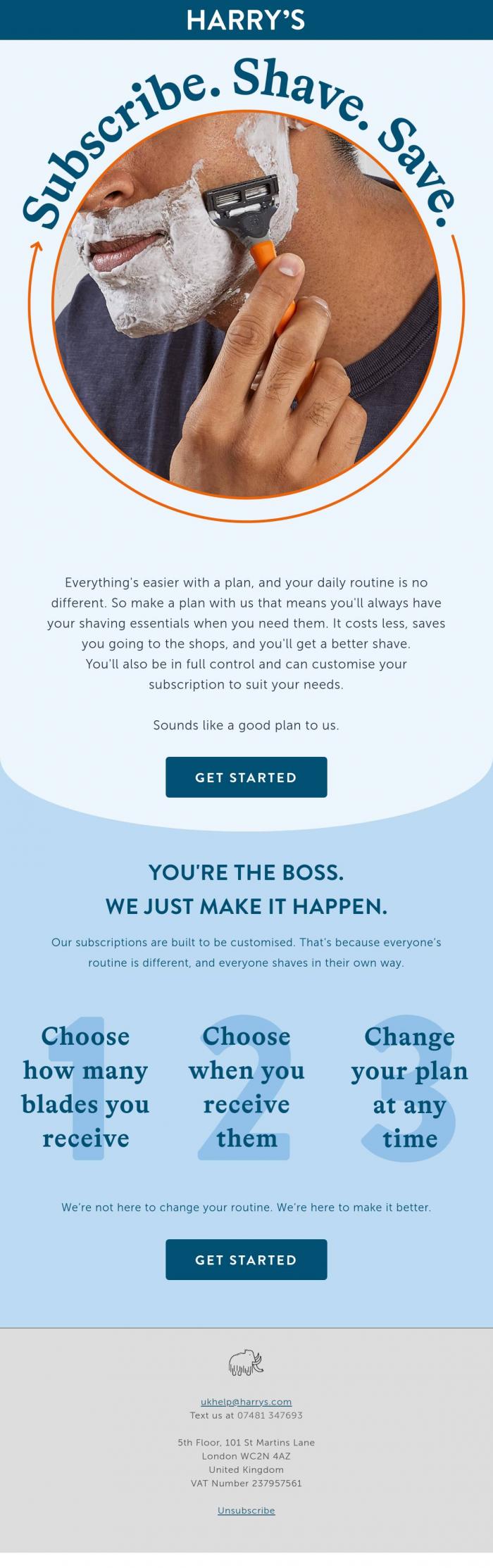 Email Design Inspiration from Harry's, Subscribe. Shave. Save.
