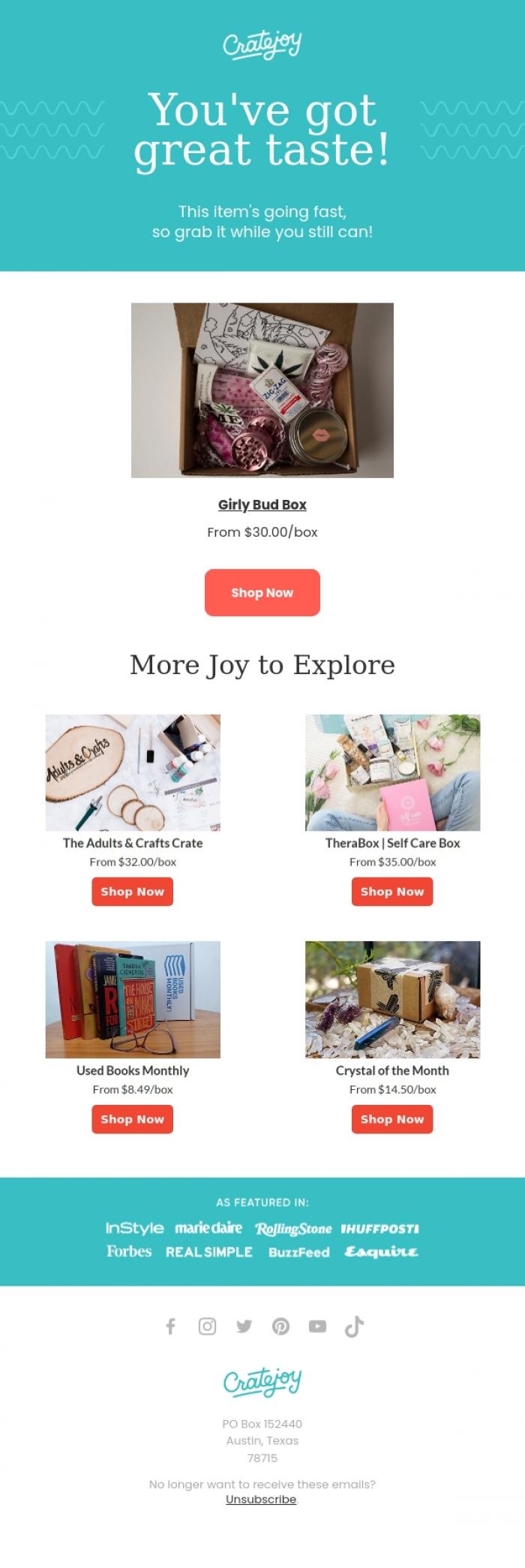 Email Design Inspiration from Cratejoy, You left something behind!