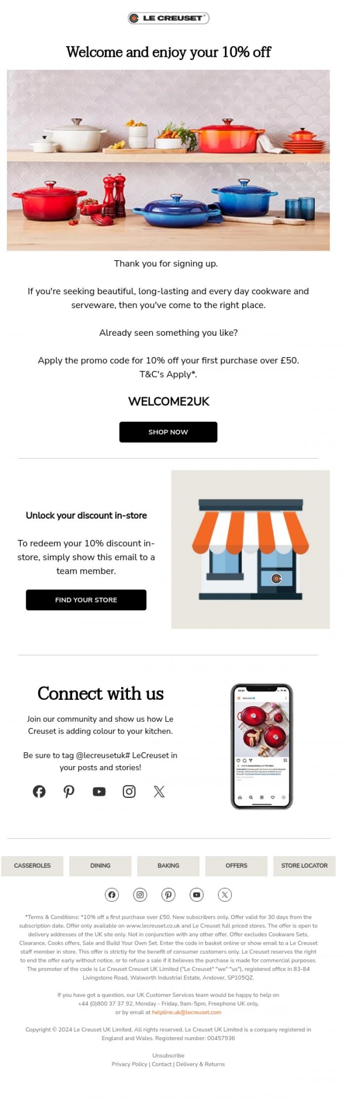 Email Design Inspiration from Le Creuset, Your 10% off unlocked