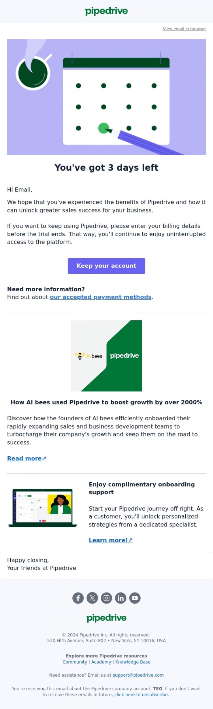 Email Design Inspiration from Pipedrive, Your trial ends soon! ⏰