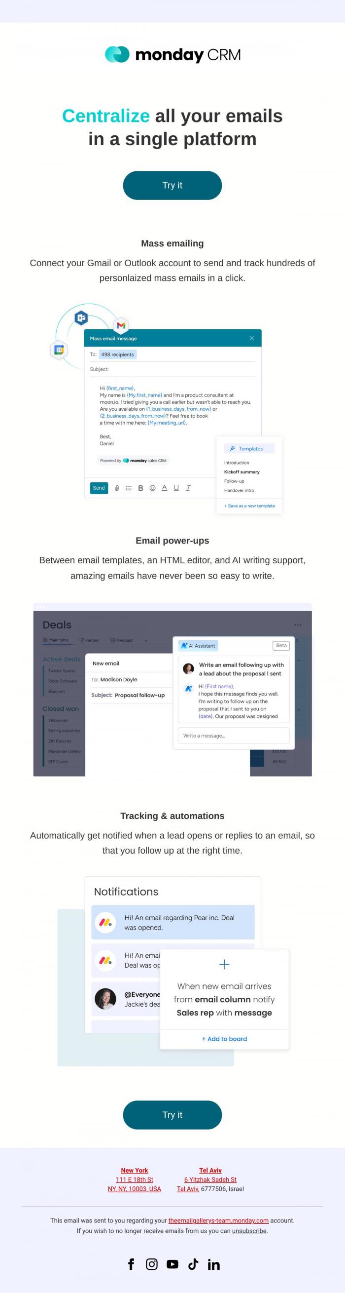 Email Design Inspiration from monday.com, Manage all client comms without leaving your CRM