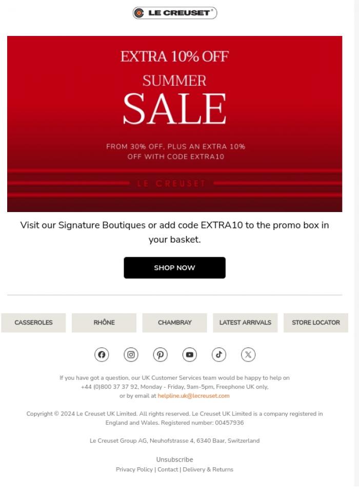 Email Design Inspiration from Le Creuset, Sale On Sale: An Extra 10% Off!