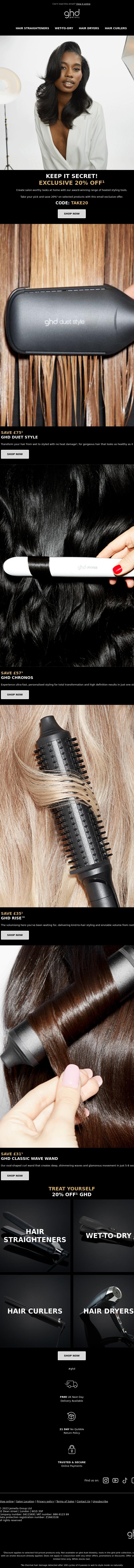 Email Design Inspiration from ghd, Shh...20% Off Exclusively For You 💌