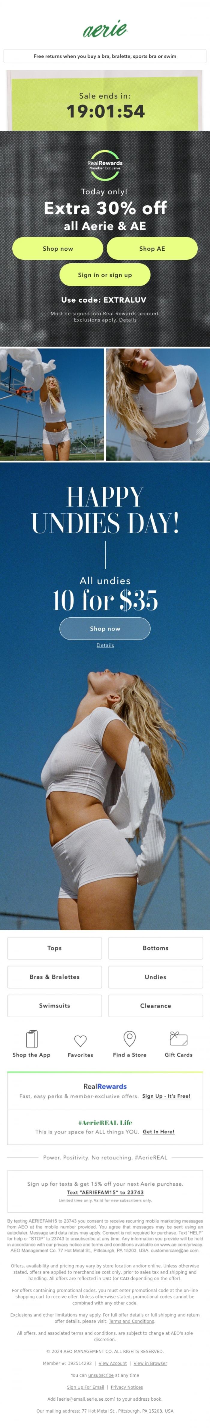 Email Design Inspiration from Aerie, Real Rewards members take an extra 30% off EVERYTHING!