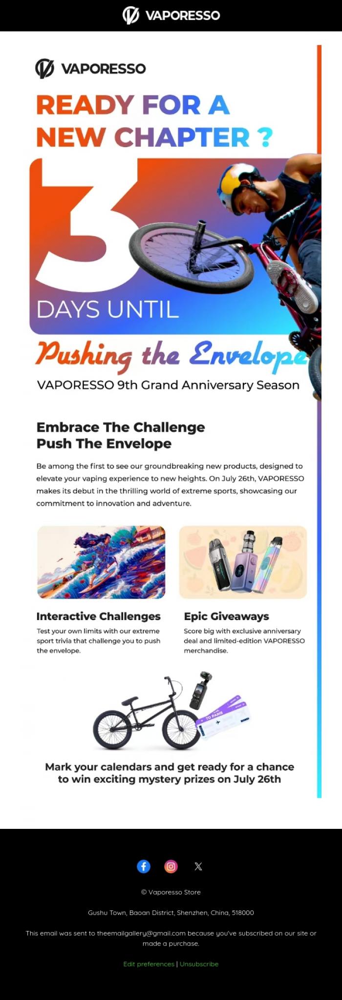 Email Design Inspiration from VAPORESSO Official, 📣Get Ready to Push the Envelope:VAPORESSO 9th Anniversary Event Awaits