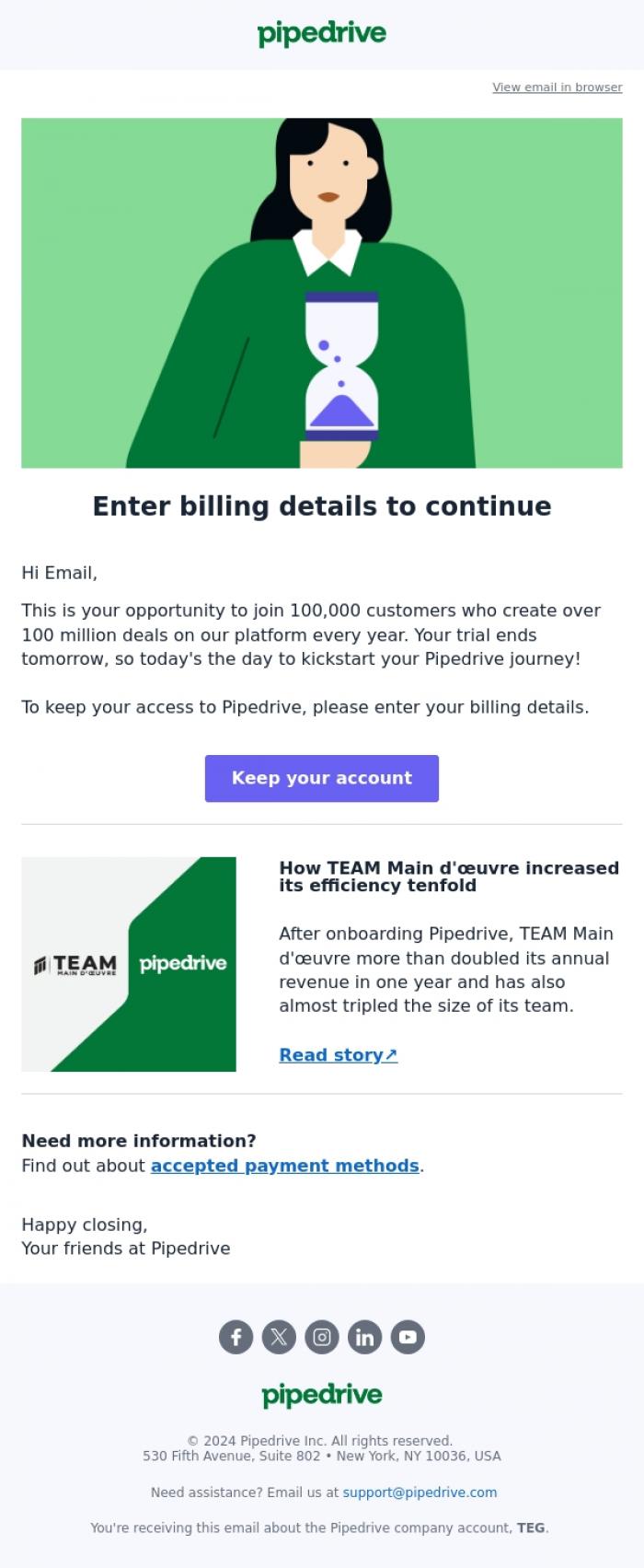 Email Design Inspiration from Pipedrive, Reminder: Your trial ends tomorrow! ⏰