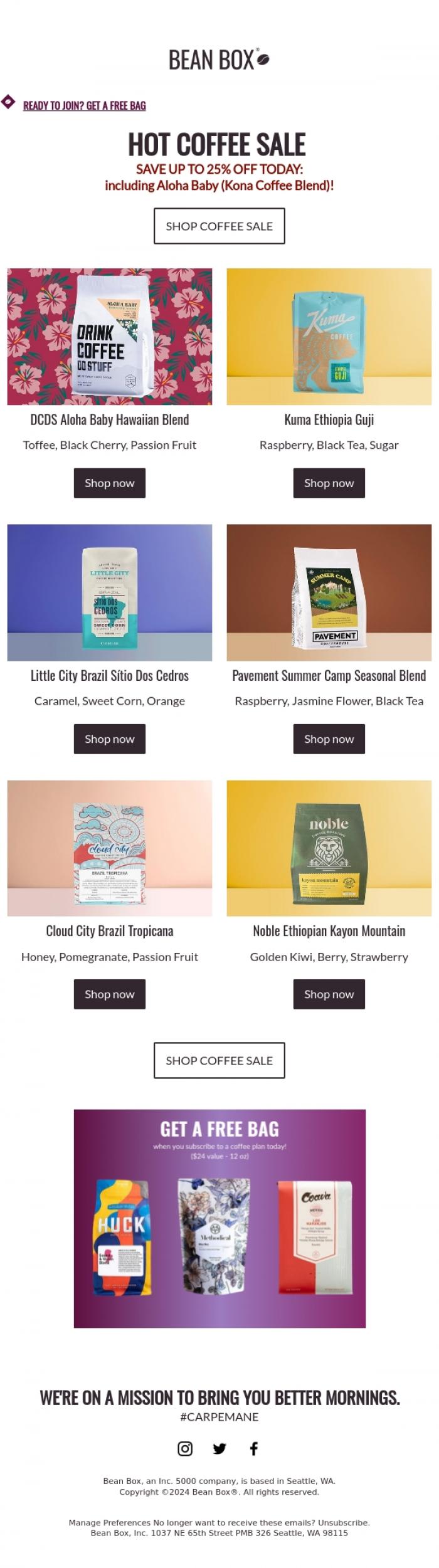 Email Design Inspiration from Ryan (Bean Box), Aloha, : Get up to 25% OFF popular coffees ☕🌴🔥