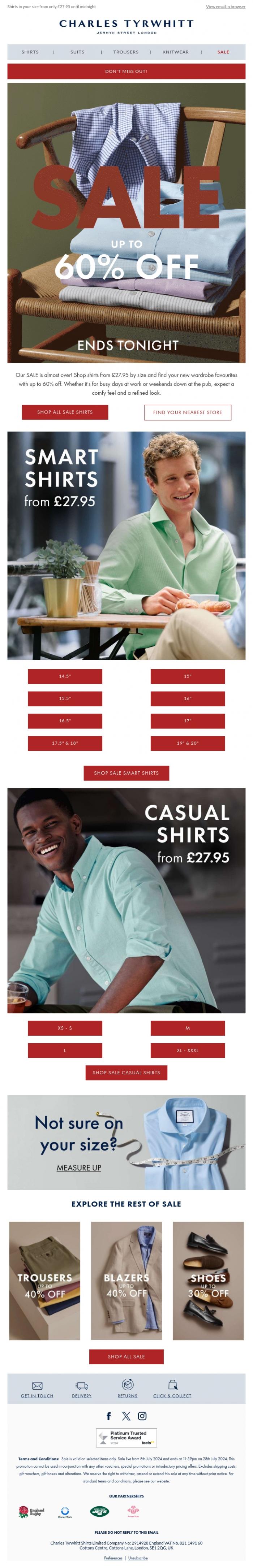 Email Design Inspiration from Charles Tyrwhitt SALE, Ends Tonight! Up to 60% OFF