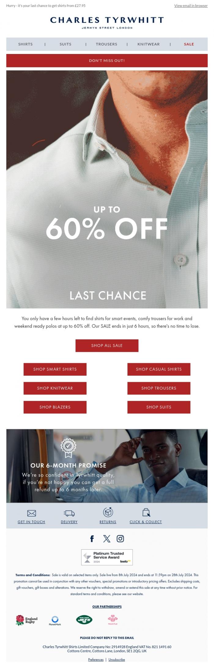 Email Design Inspiration from Charles Tyrwhitt SALE, Up to 60% OFF Ends in 6 Hours!